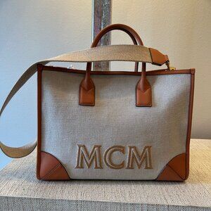 MCM Large Munchen Linen/Leather Tote in Cognac
